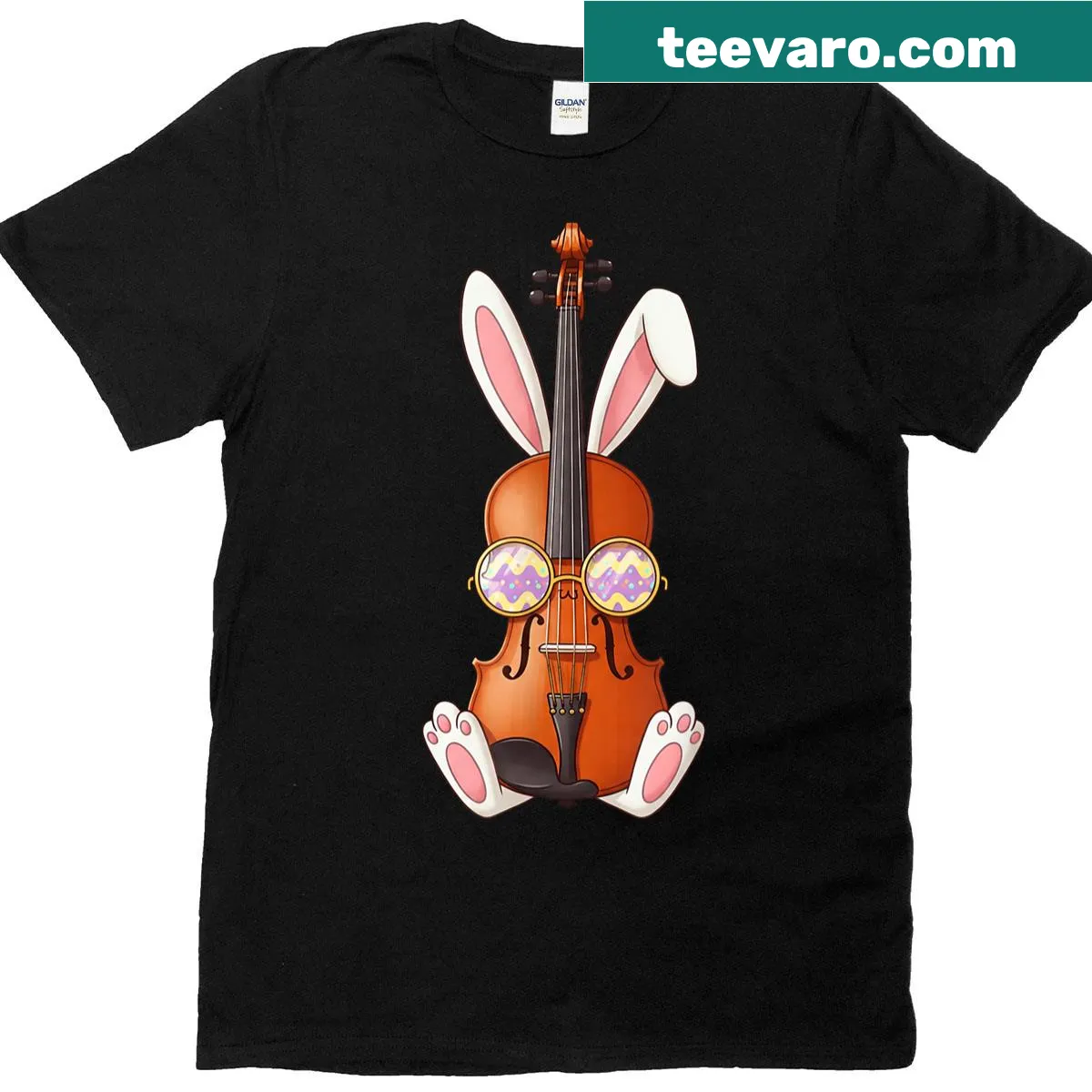 T-shirt with a cartoon bunny playing violin and Easter eggs — on a men's t-shirt