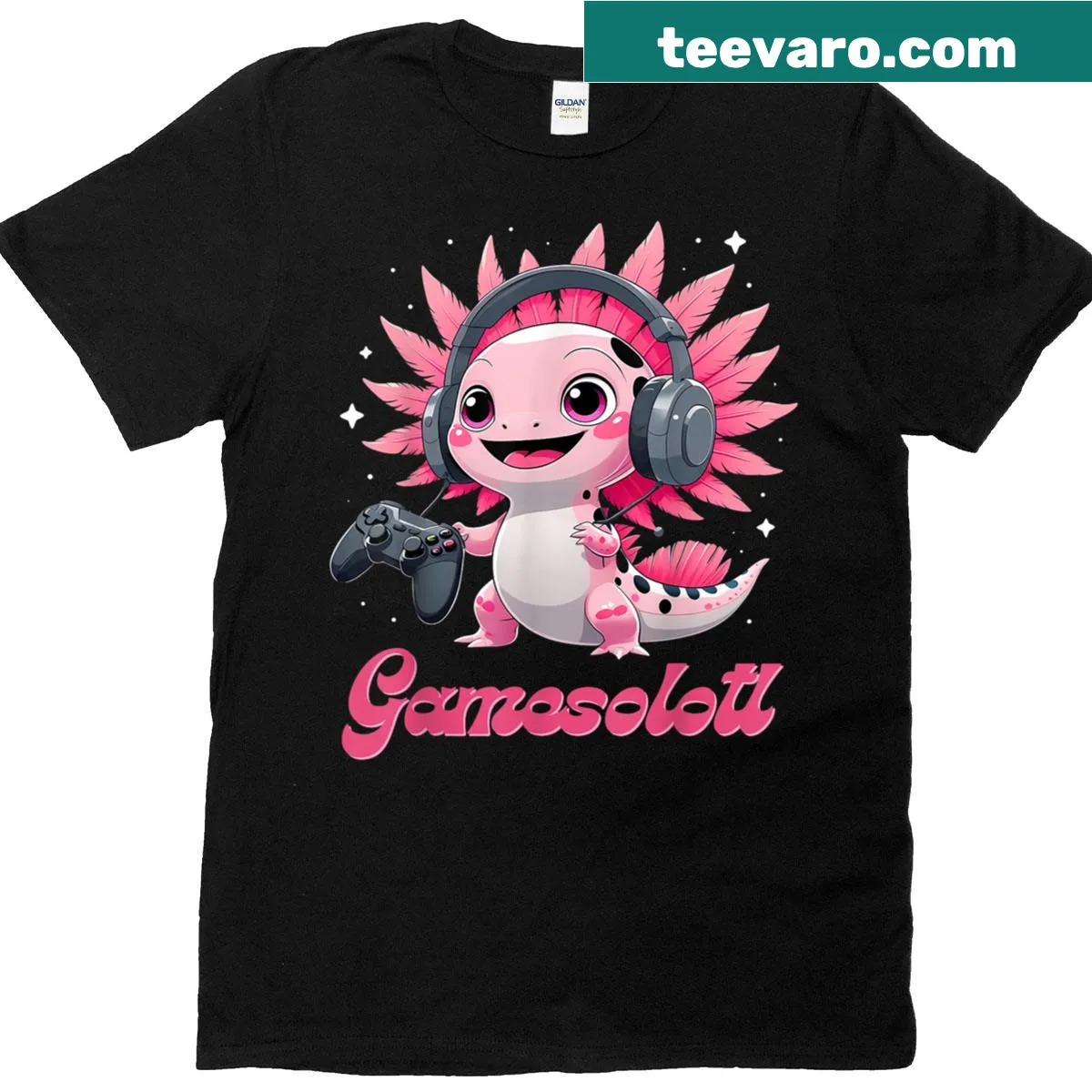 Cute kawaii axolotl gaming t-shirt with playful text — on a men's t-shirt
