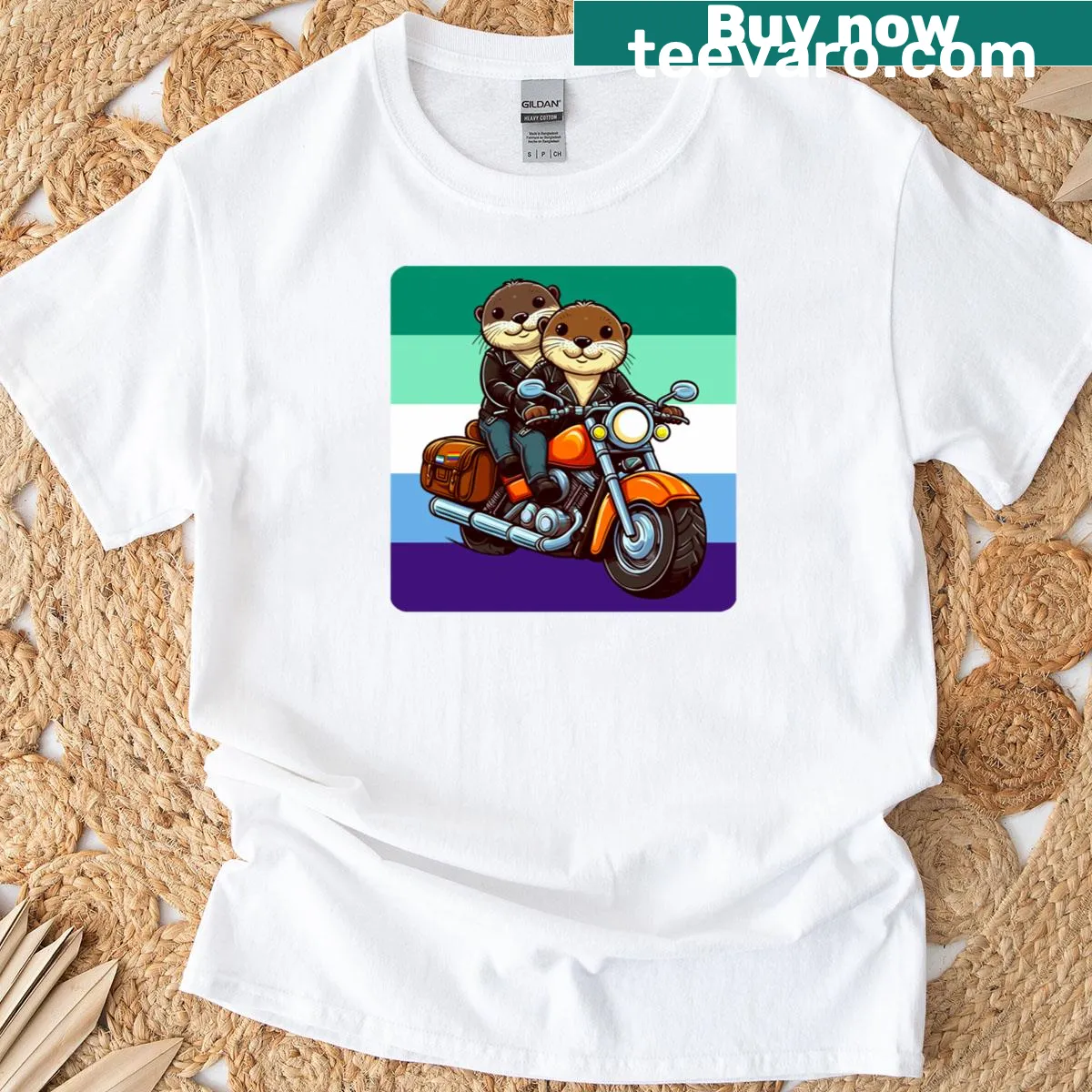 Illustration of gay otters riding a motorcycle on a T-shirt — on a men's t-shirt