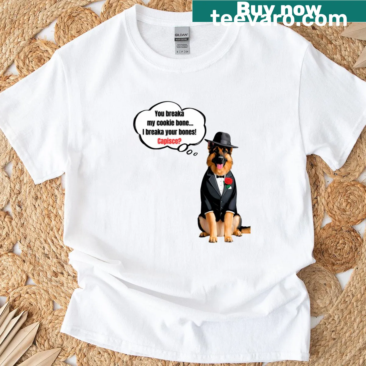 Funny German Shepherd shirt featuring mafia boss dog art — on a men's t-shirt