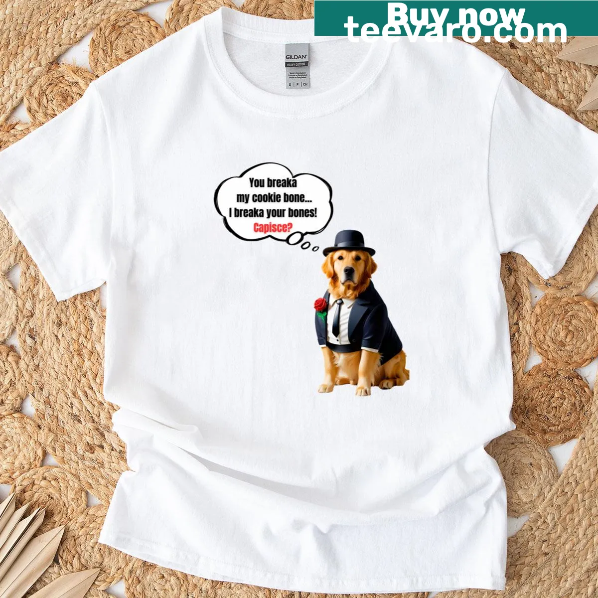 Funny Golden Retriever shirt with mafia enforcer dog art — on a men's t-shirt