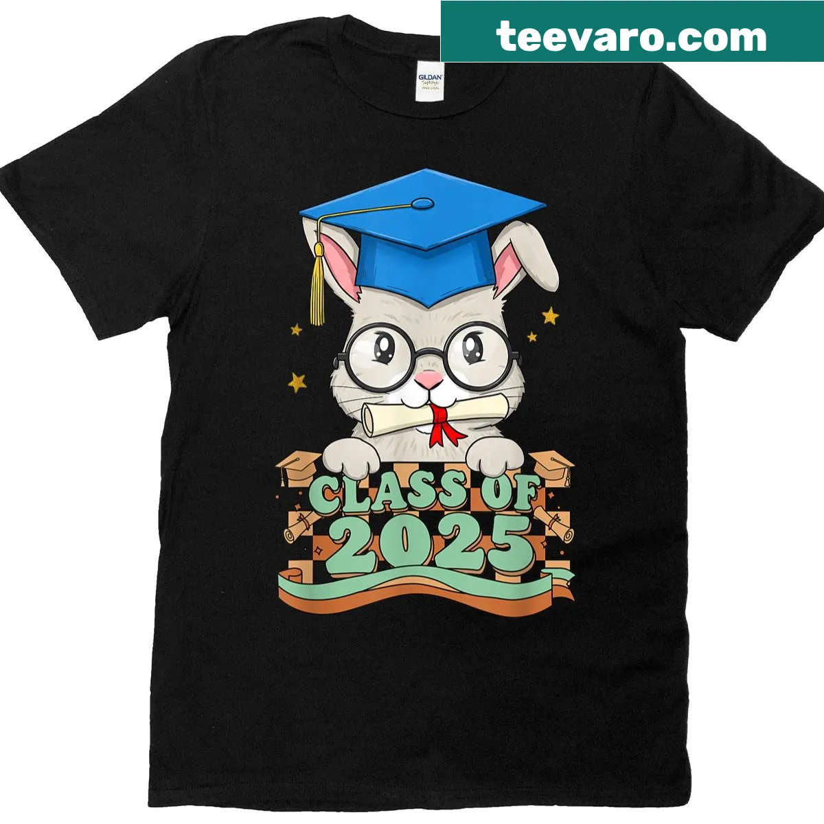 Cartoon rabbit graduation t-shirt for kids and adults — on a men's t-shirt