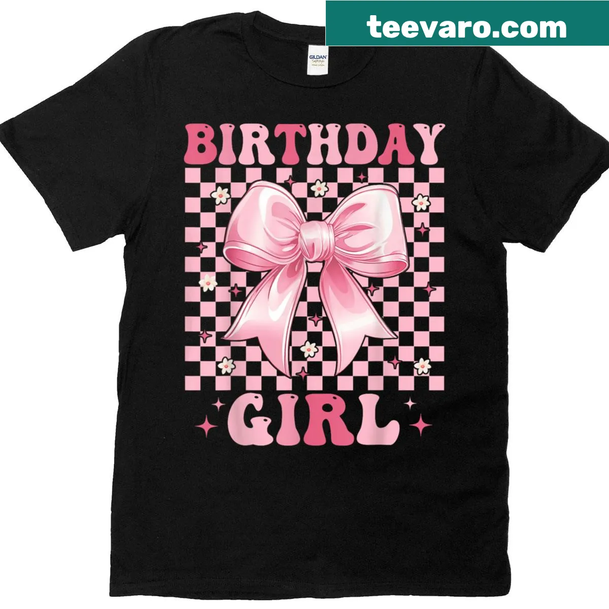 Birthday T-shirt with pink bow and playful design — on a men's t-shirt