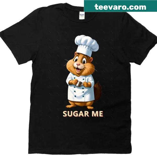 Cartoon of a hamster chef cooking on an oversized t-shirt