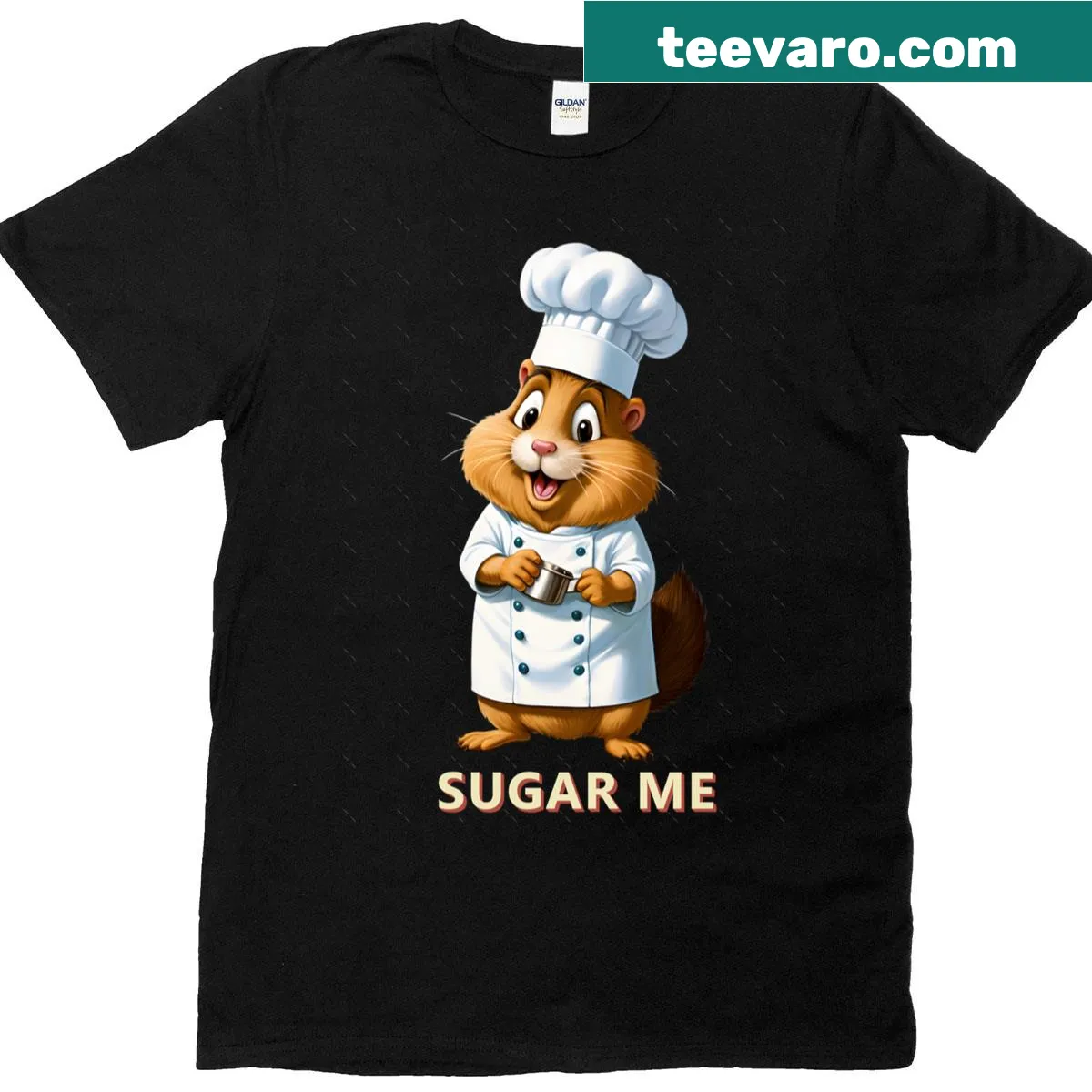 Cartoon of a hamster chef cooking on an oversized t-shirt — on a men's t-shirt