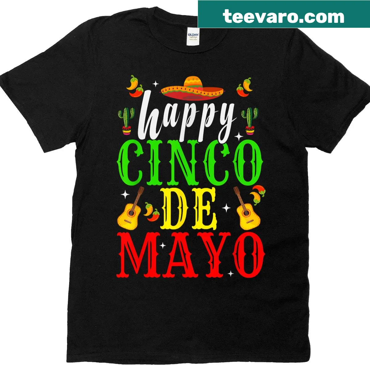 T-shirt celebrating Cinco De Mayo with 'Happy Cinco De Mayo' text — on a men's t-shirt