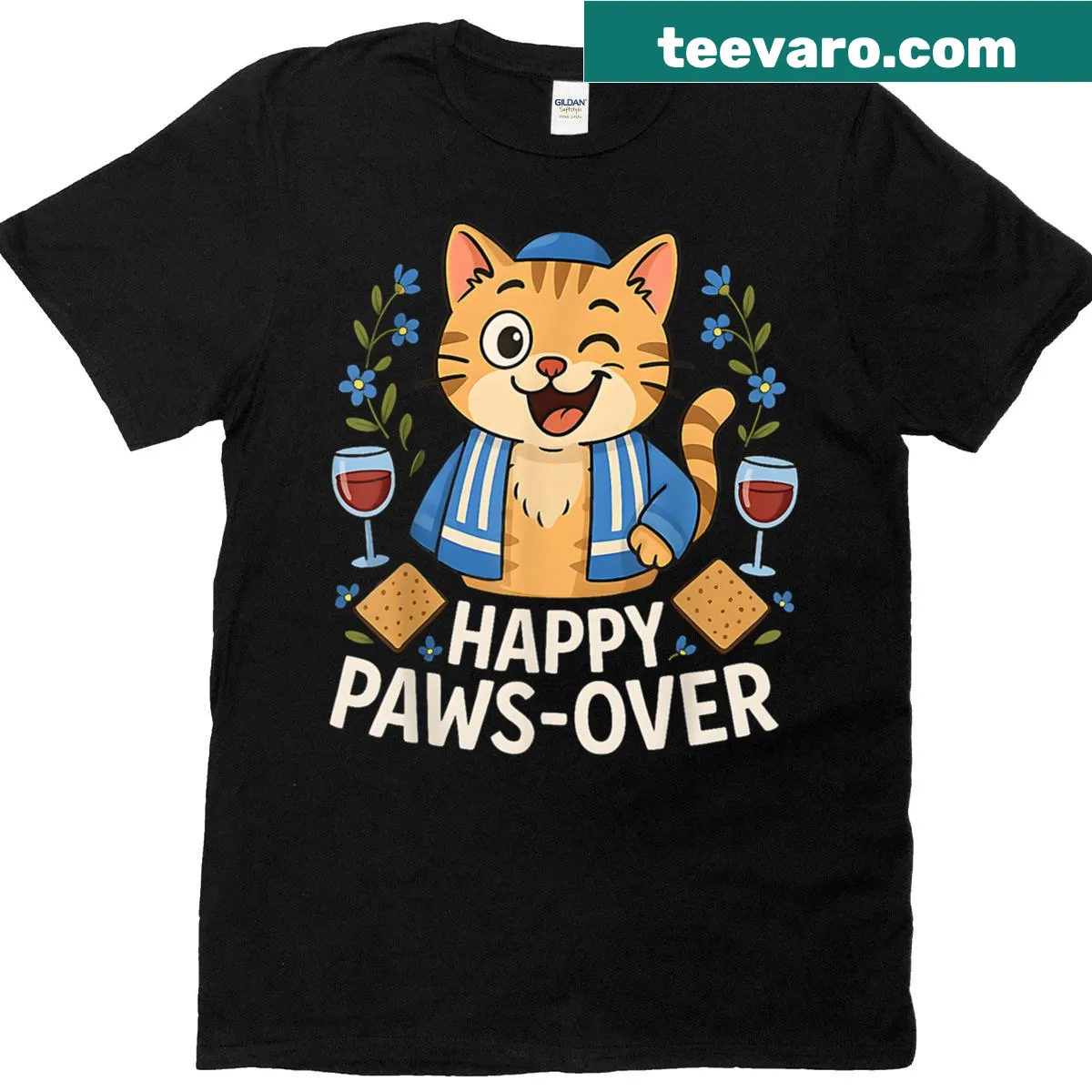 T-shirt celebrating Passover with a cat-themed design — on a men's t-shirt