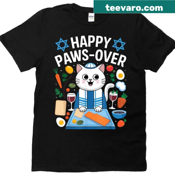 Whimsical cat-themed Passover graphic on T-shirt