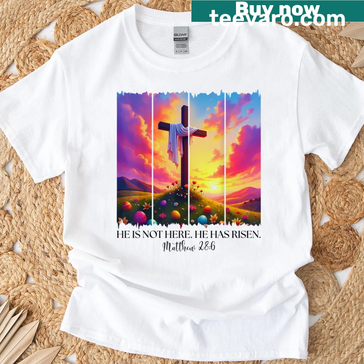 Uplifting graphic with "He Is Risen" text for Easter — on a men's t-shirt