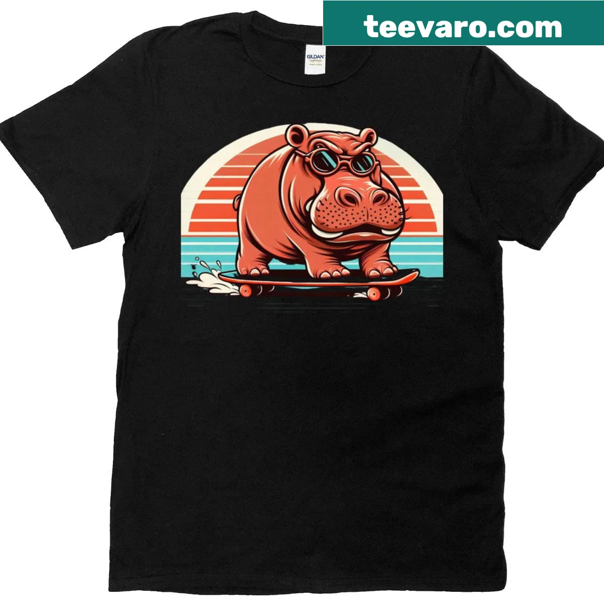 Whimsical illustration of a hippopotamus on wheels — on a men's t-shirt