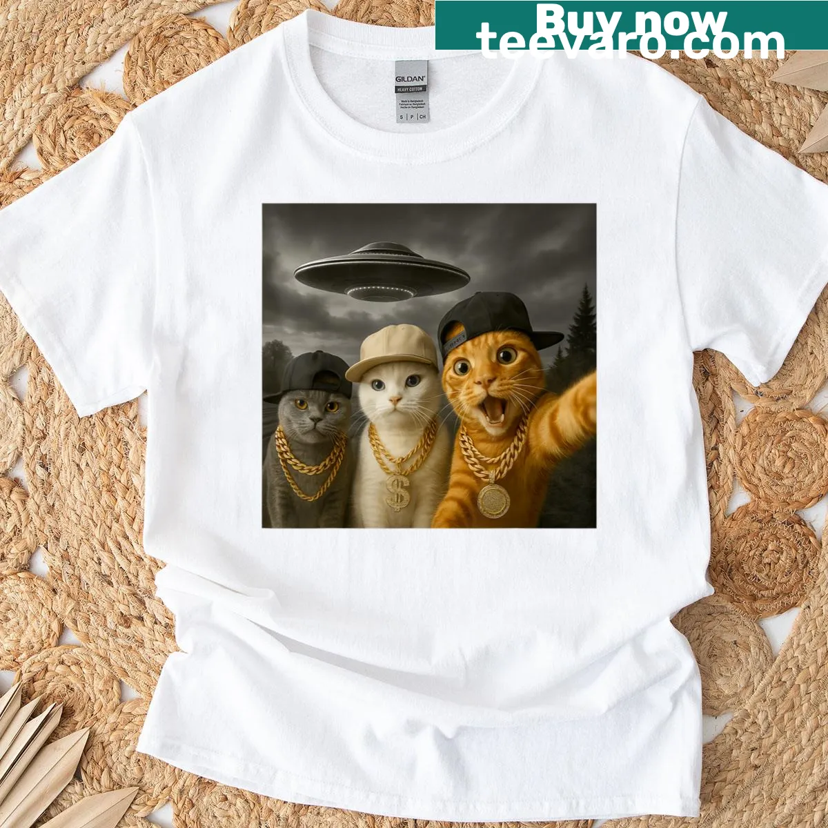 Funny cat selfie t-shirt featuring a UFO and hip hop elements — on a men's t-shirt