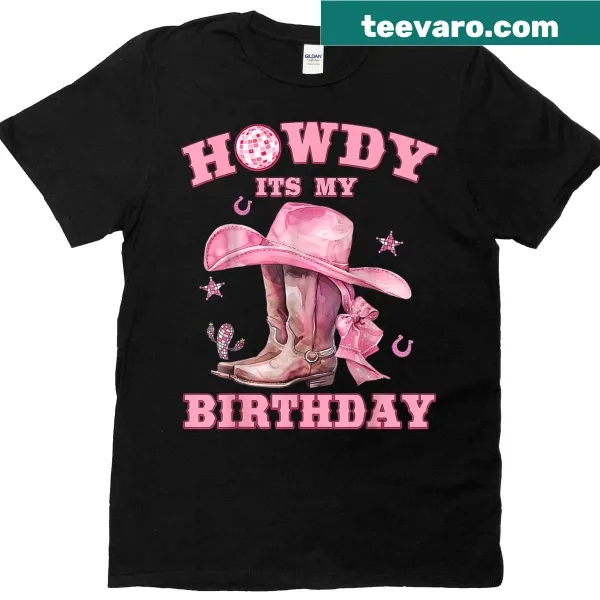 Cheerful birthday T-shirt for cowgirls with a 'Howdy' greeting
