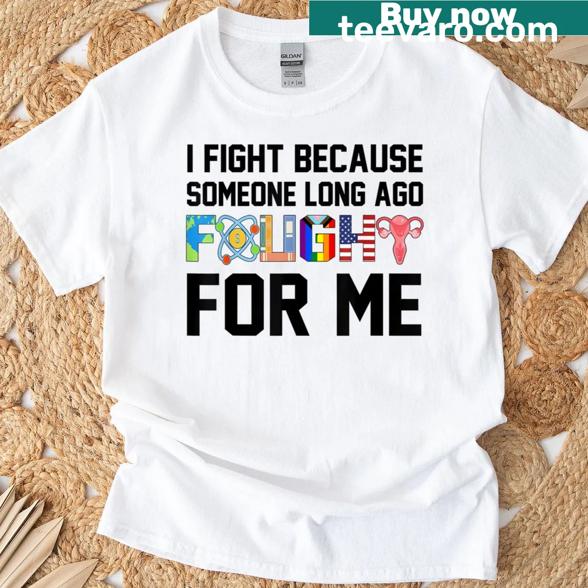 Bold statement tee with text about fighting for freedom and justice. — on a men's t-shirt