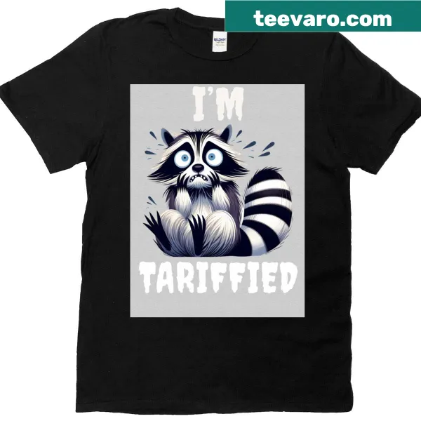 Funny raccoon graphic T-shirt with a humorous anti-tariff message.