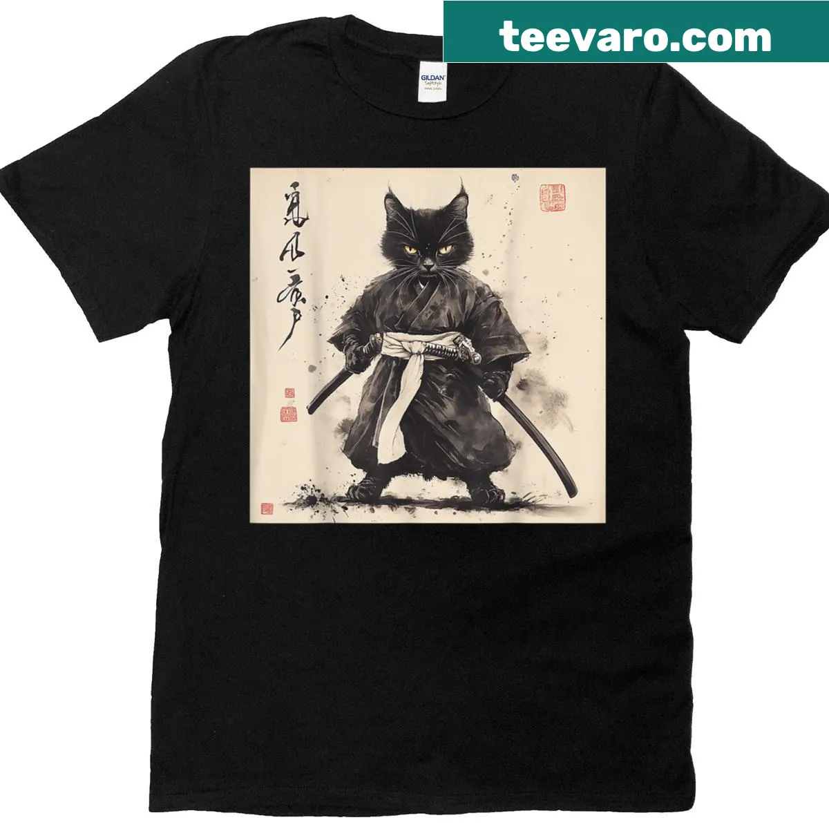 Cat ninja in Ukiyo-e style on a Japanese art t-shirt — on a men's t-shirt