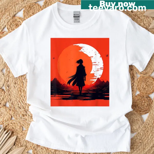 Illustration of anime characters walking at sunset on a T-shirt.