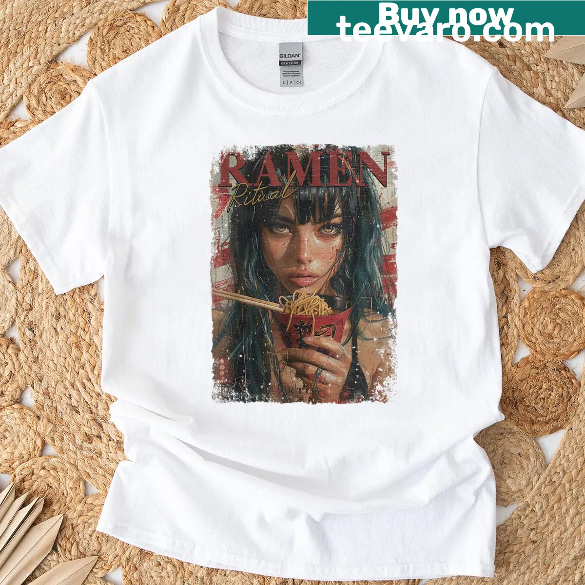 Kawaii T-shirt featuring Japanese ramen noodles and anime motifs — on a men's t-shirt