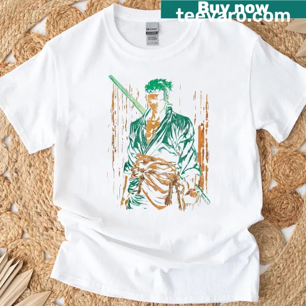 Retro anime graphic t-shirt featuring Zoro character art