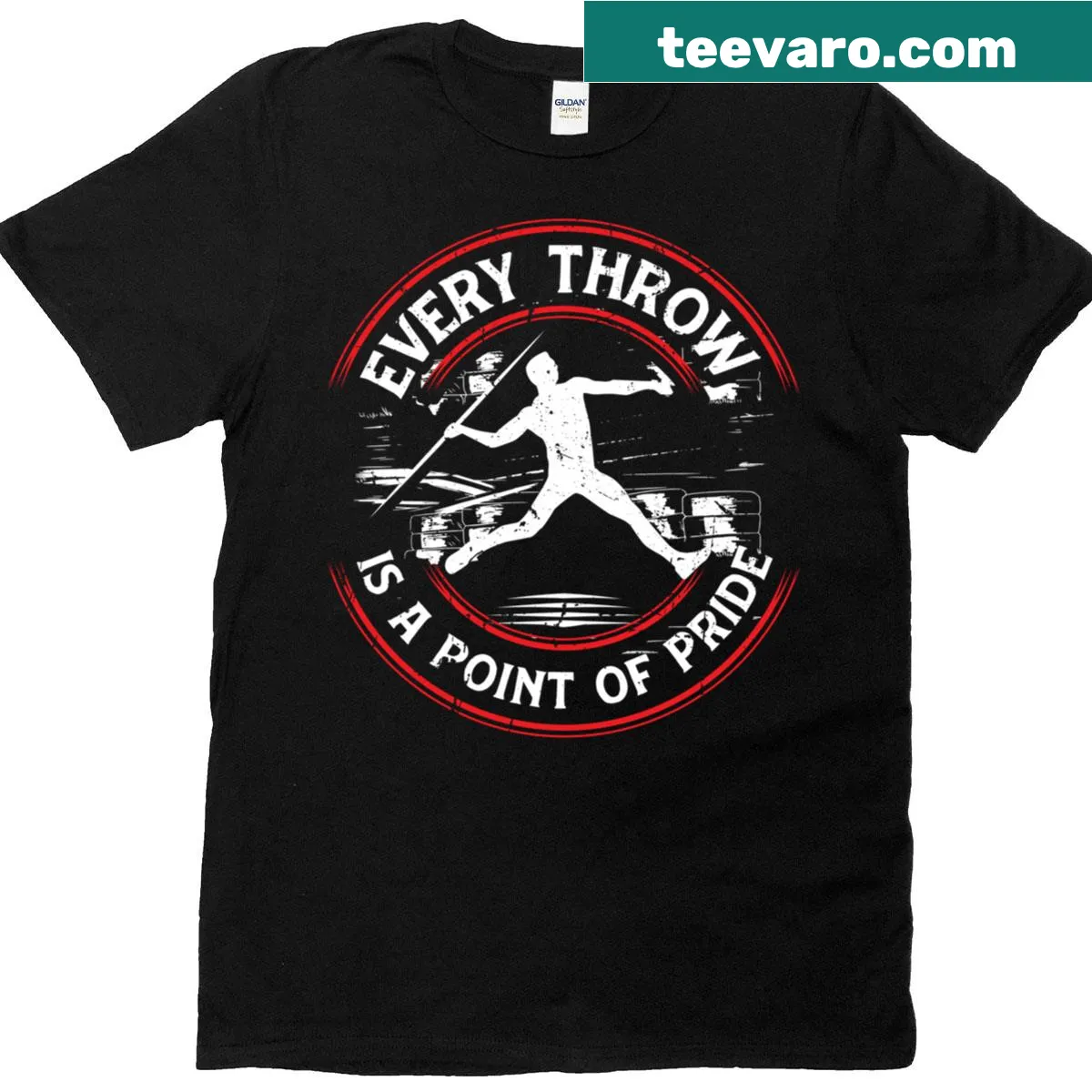 Proud javelin throw t-shirt with motivational text — on a men's t-shirt