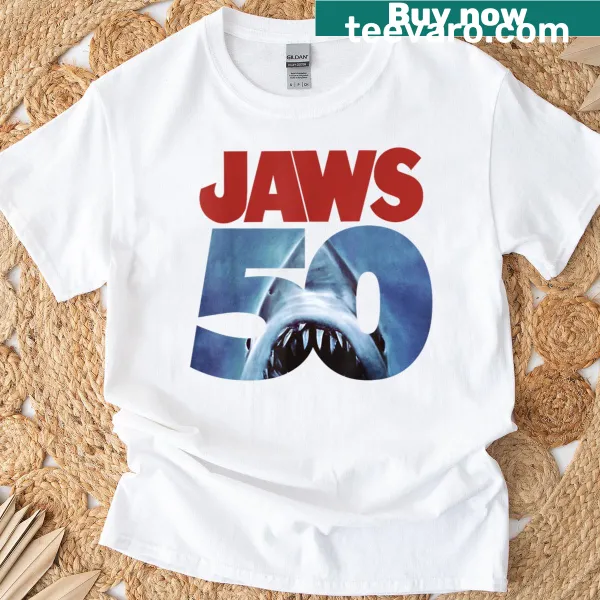 Vintage-style Jaws 50th anniversary logo t-shirt