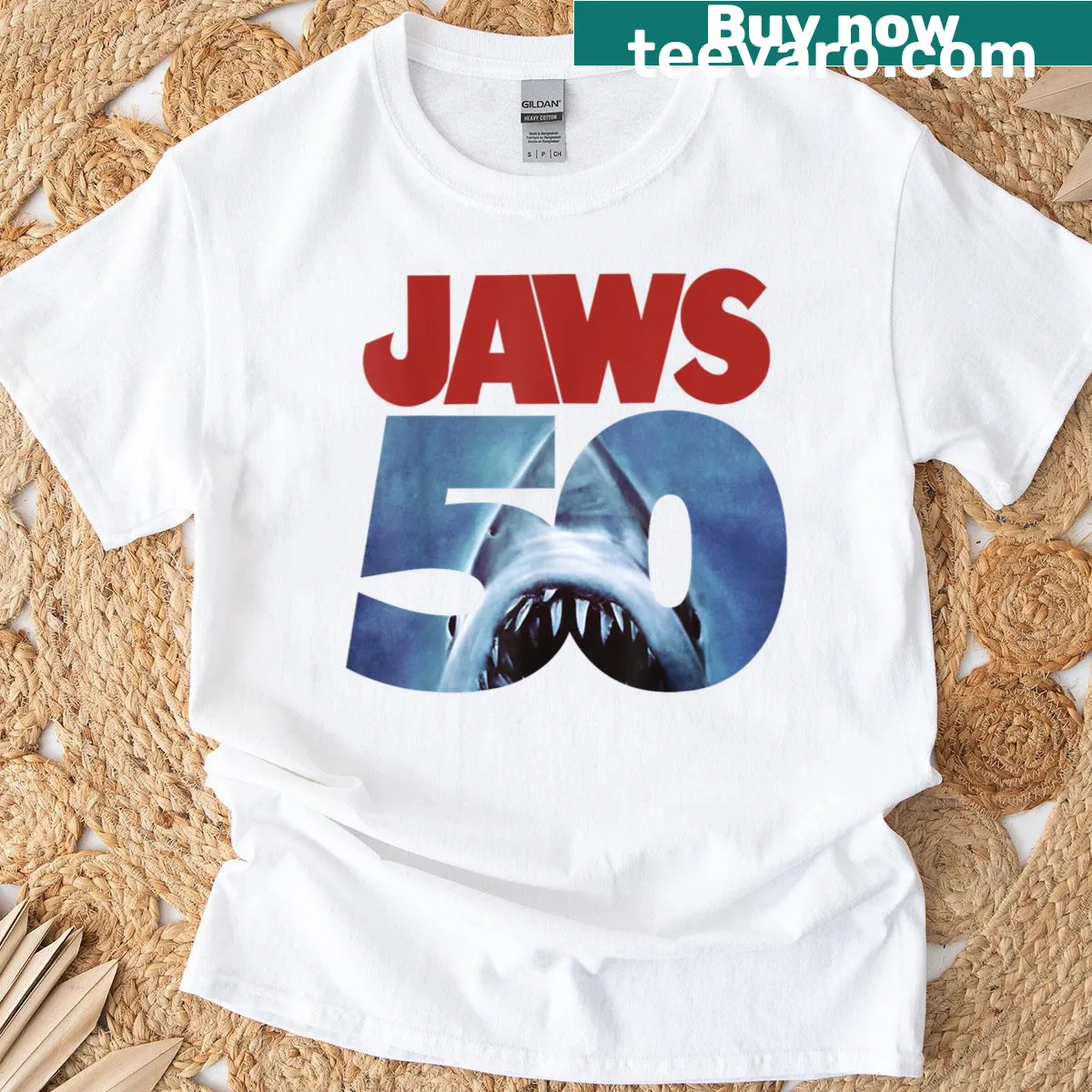 Vintage-style Jaws 50th anniversary logo t-shirt — on a men's t-shirt