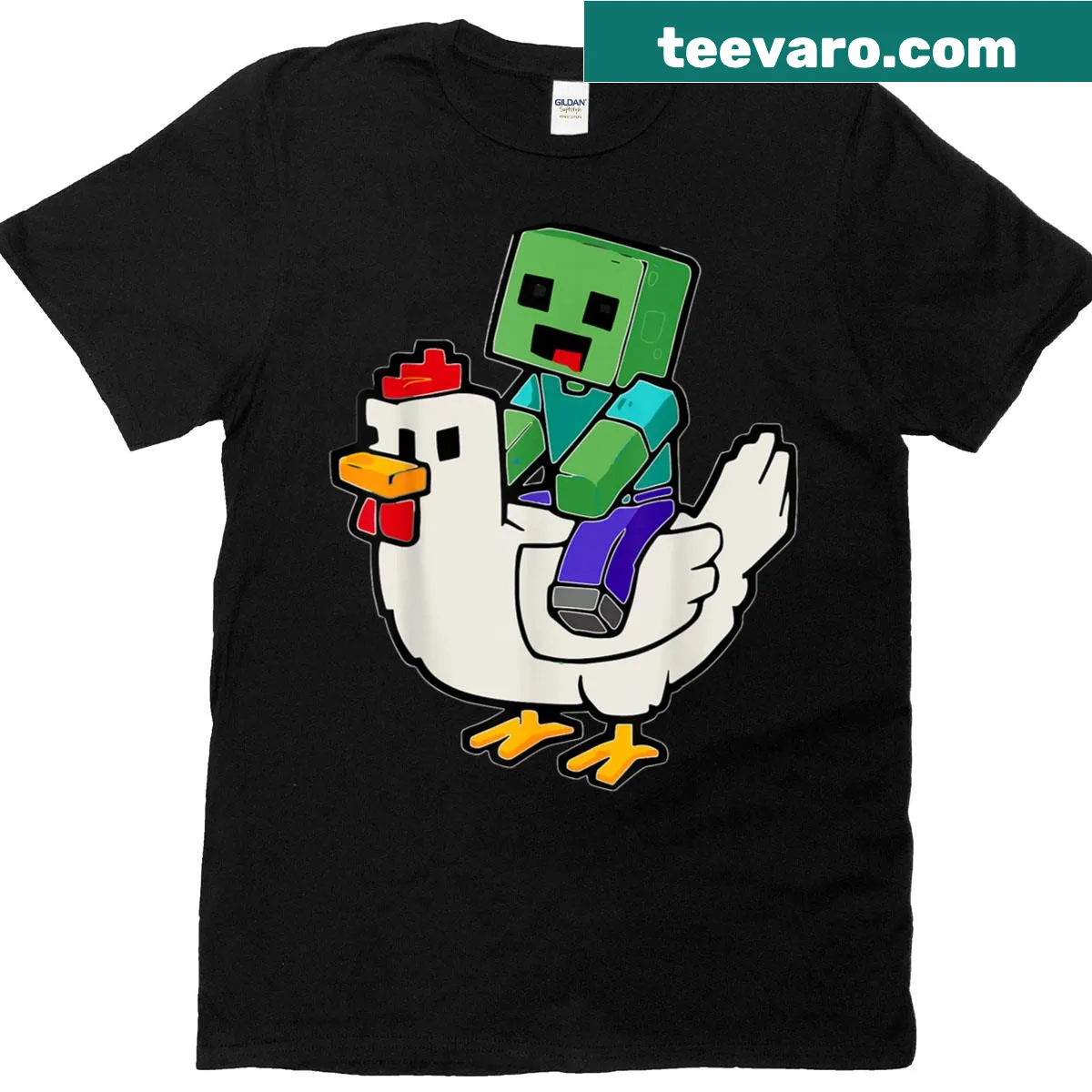 Funny kids t-shirt with pixel art chicken fighting zombies — on a men's t-shirt