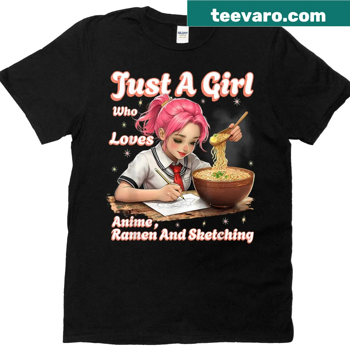 Typographic design stating love for anime, ramen, and sketching on a t-shirt — on a men's t-shirt