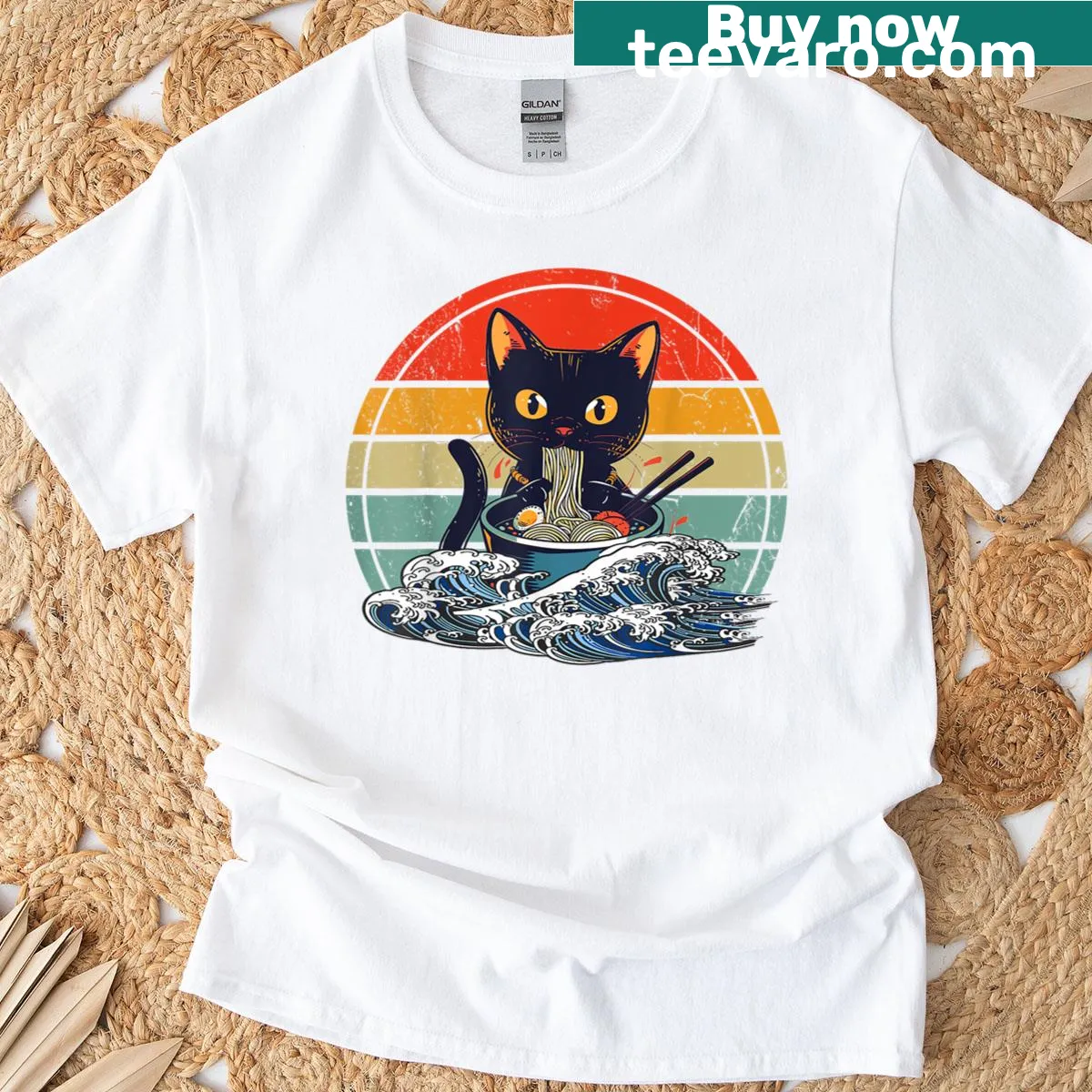 Kawaii cat eating ramen illustration on a fun anime-themed t-shirt — on a men's t-shirt