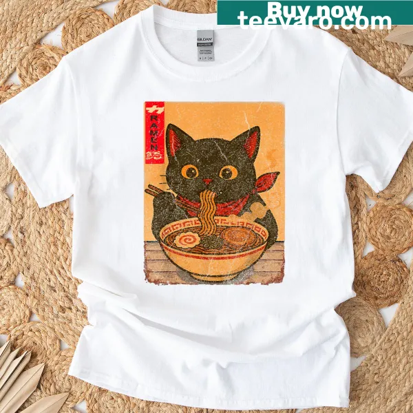 Cute cat eating ramen graphic on a T-shirt for teens