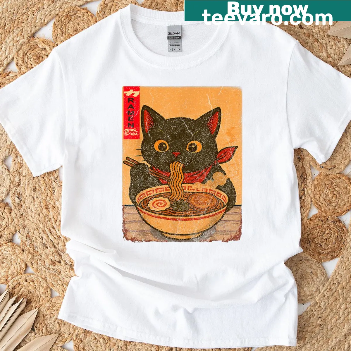 Cute cat eating ramen graphic on a T-shirt for teens — on a men's t-shirt