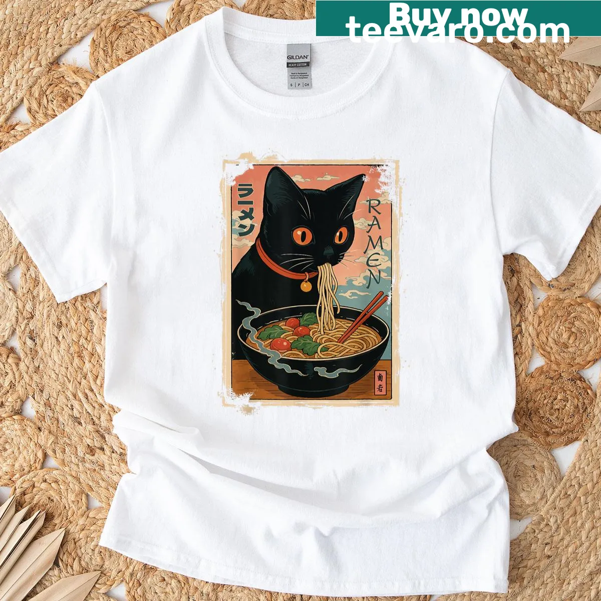 Cute T-shirt with an illustration of a cat and ramen noodles — on a men's t-shirt