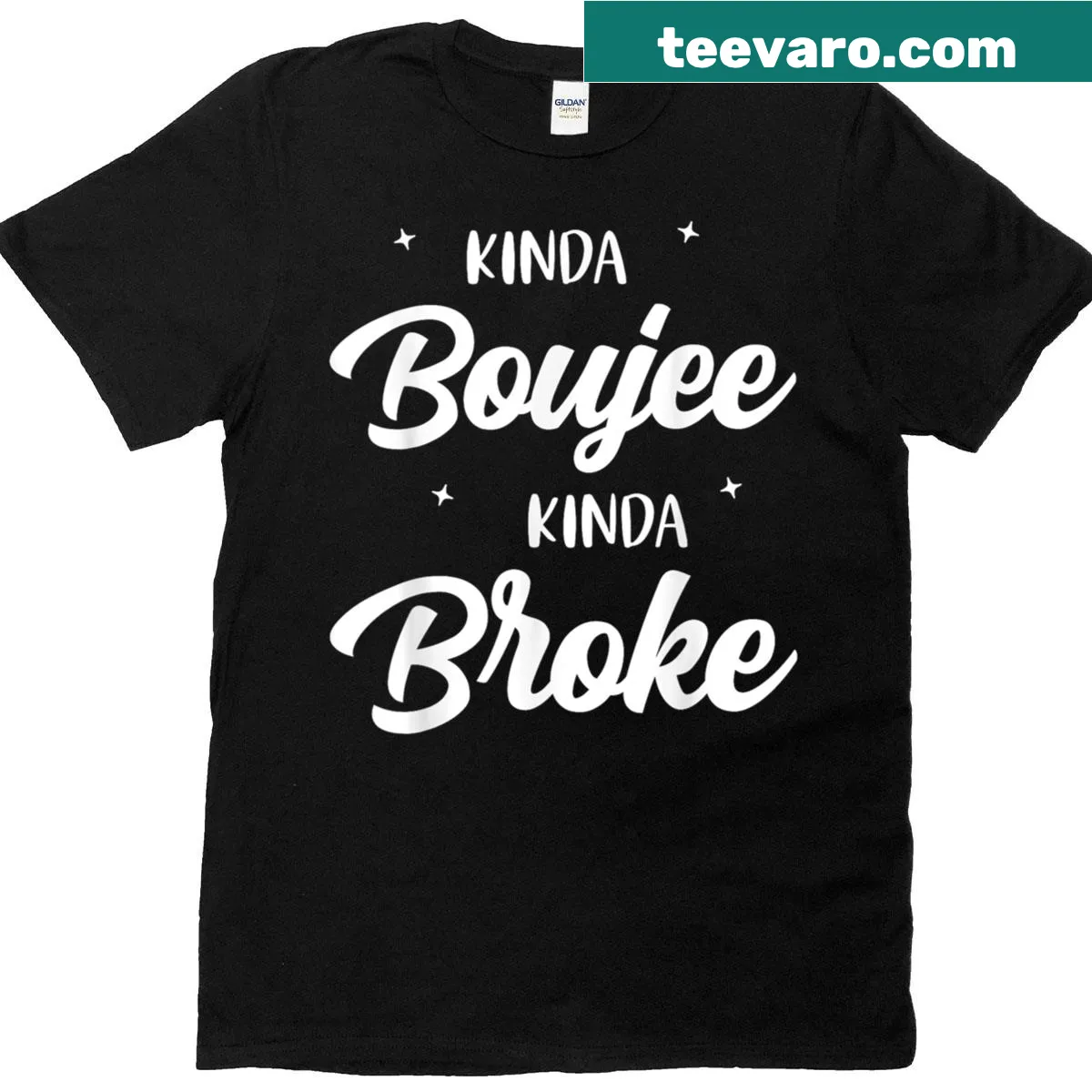 Funny T-shirt for moms with 'Kinda Boujee Kinda Broke' text — on a men's t-shirt