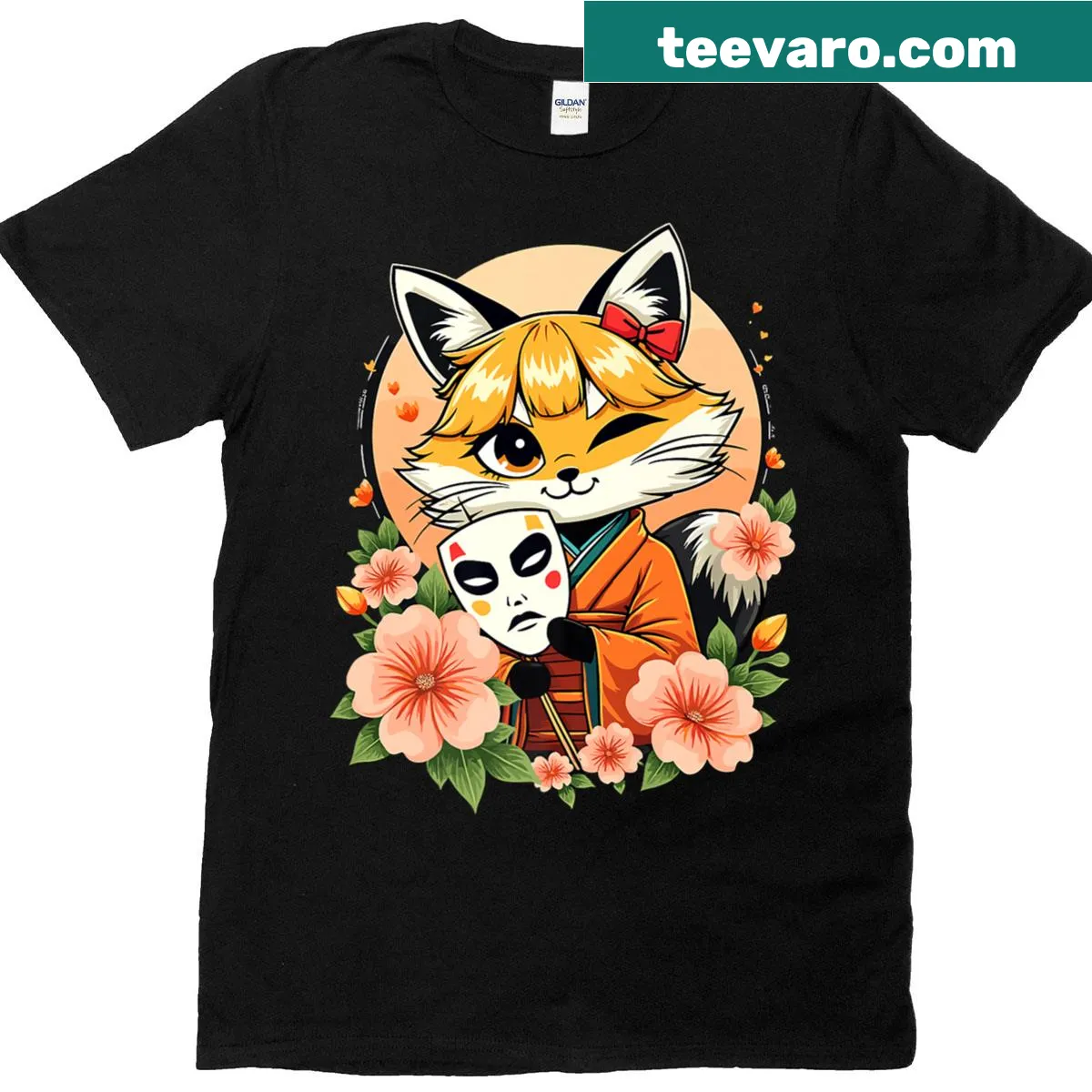 Kitsune charm t-shirt with mask and blossoms illustration — on a men's t-shirt