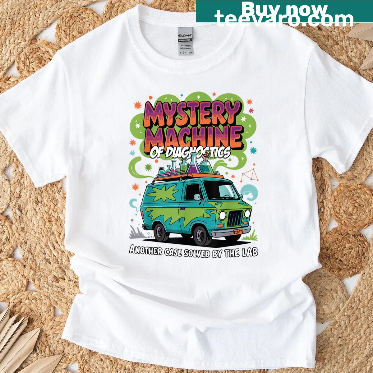 Mystery Machine text on a phlebotomist t-shirt — on a men's t-shirt
