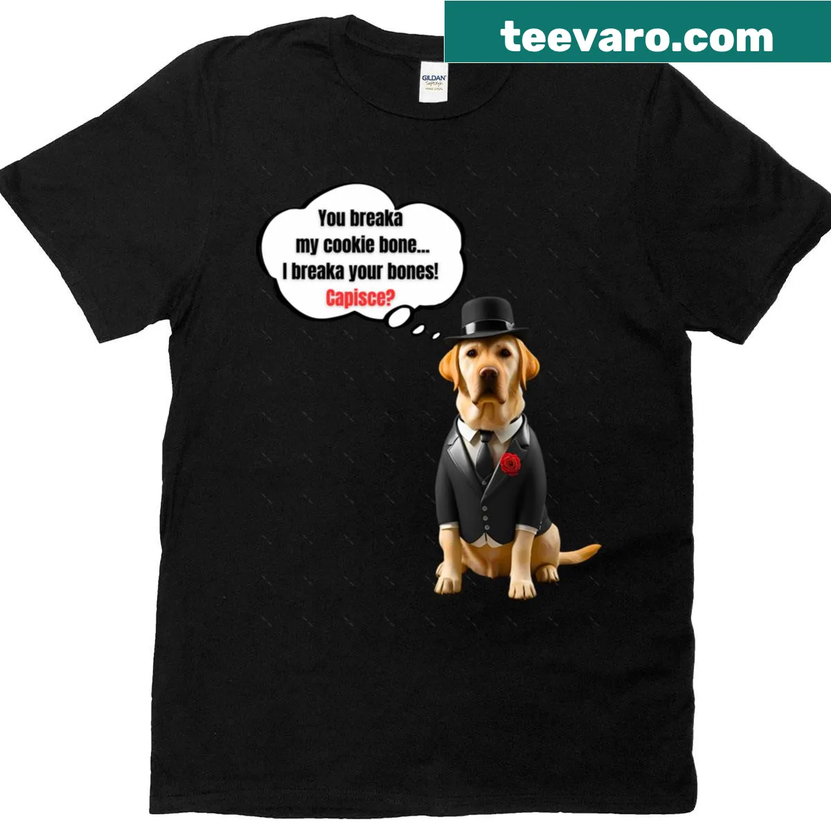 Funny Labrador Retriever mafia boss guarding a cookie bone t-shirt — on a men's t-shirt