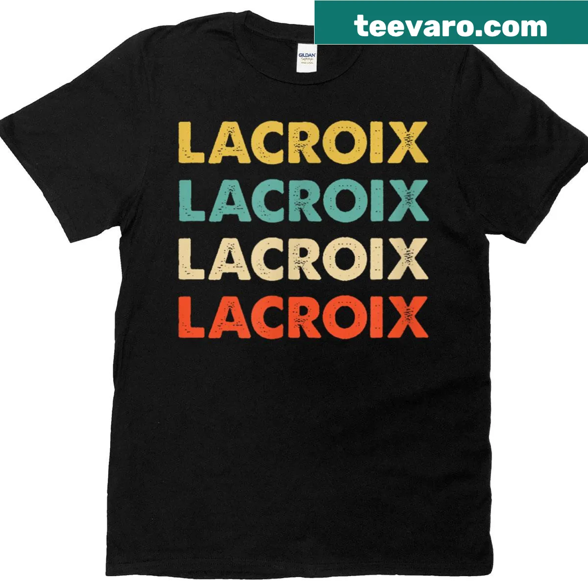 Stylish t-shirt featuring the Lacroix brand name in a playful font — on a men's t-shirt