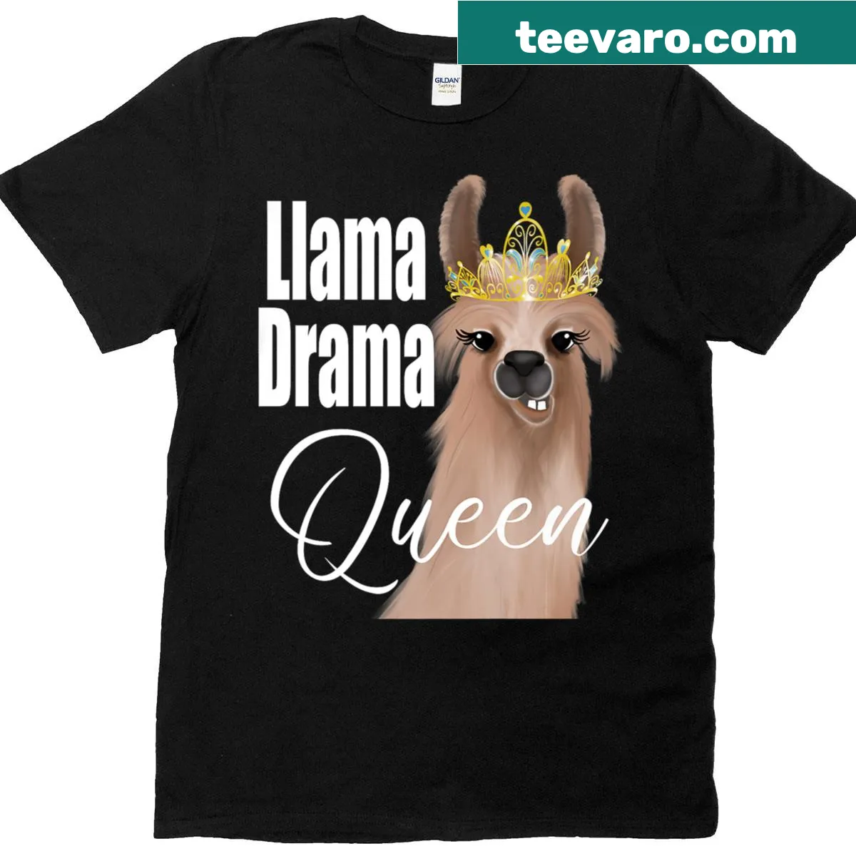 T-shirt featuring a cartoon llama with a crown and the text 'Llama Drama Queen' — on a men's t-shirt