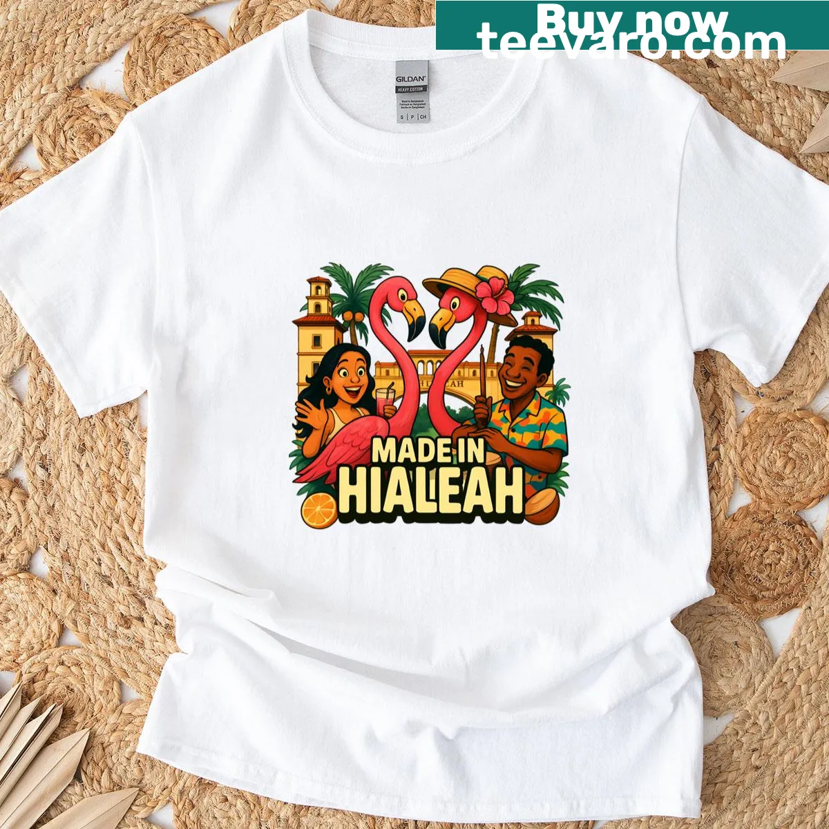 T-shirt celebrating Hialeah's tropical culture with an illustration — on a men's t-shirt