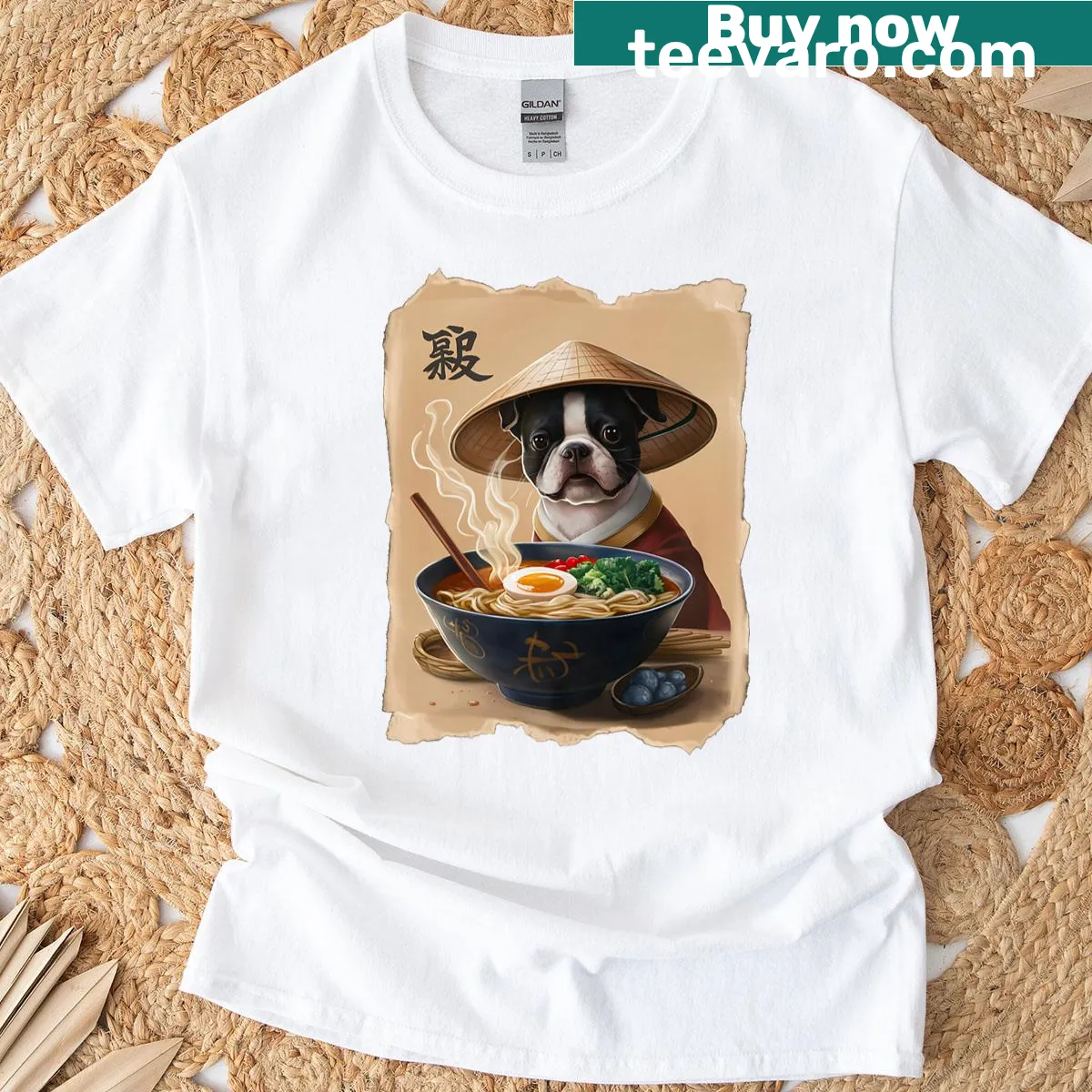 Kawaii ramen t-shirt with Boston Terrier graphic — on a men's t-shirt