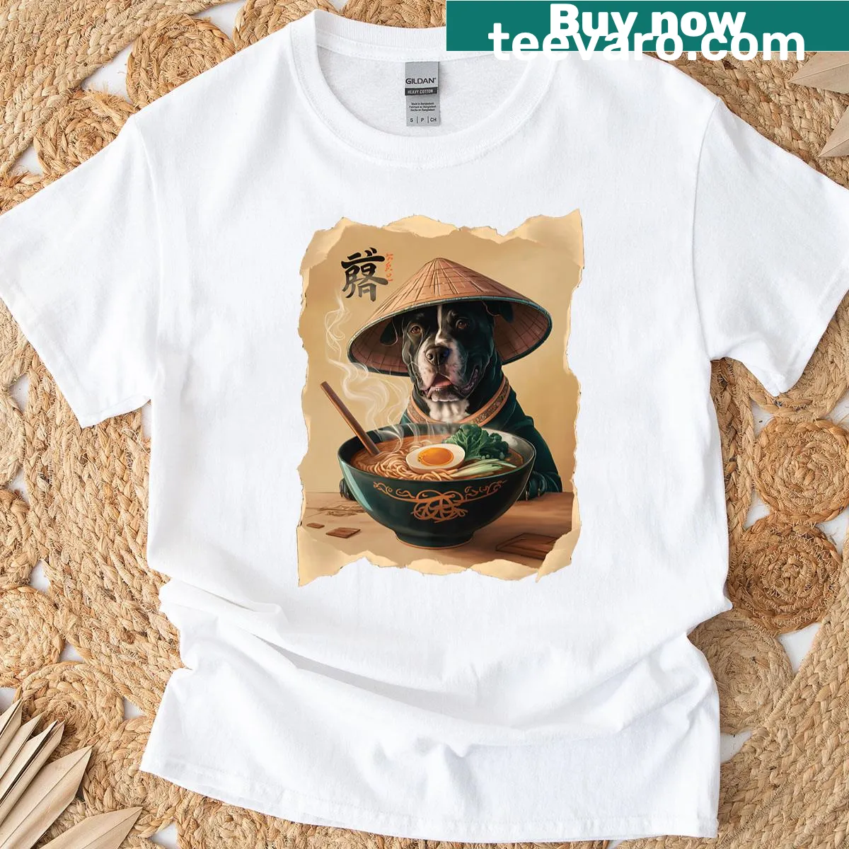 Kawaii T-shirt featuring a Cane Corso eating ramen — on a men's t-shirt