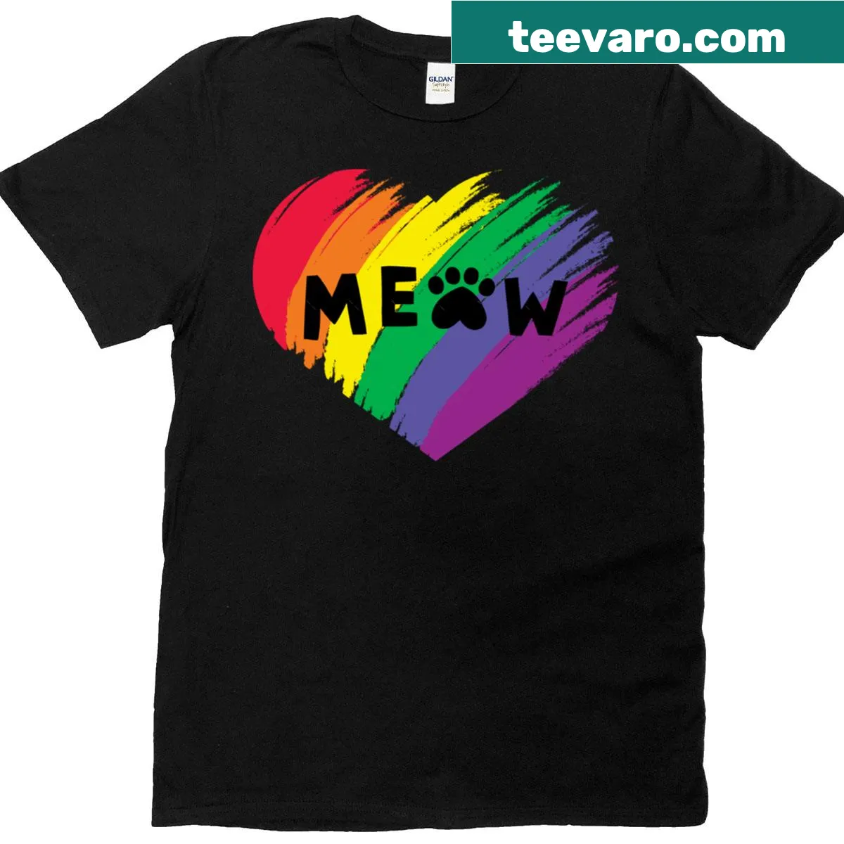 Heart design with rainbow flag and paw print for cat lovers — on a men's t-shirt