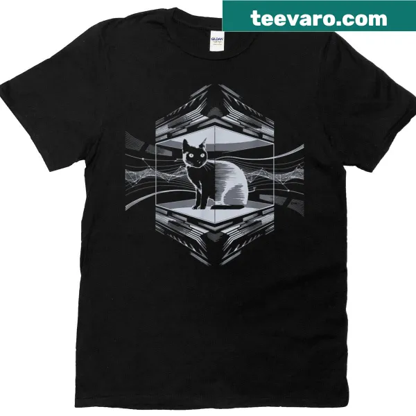 Illustration of a cat inside a quantum cube on a T-shirt