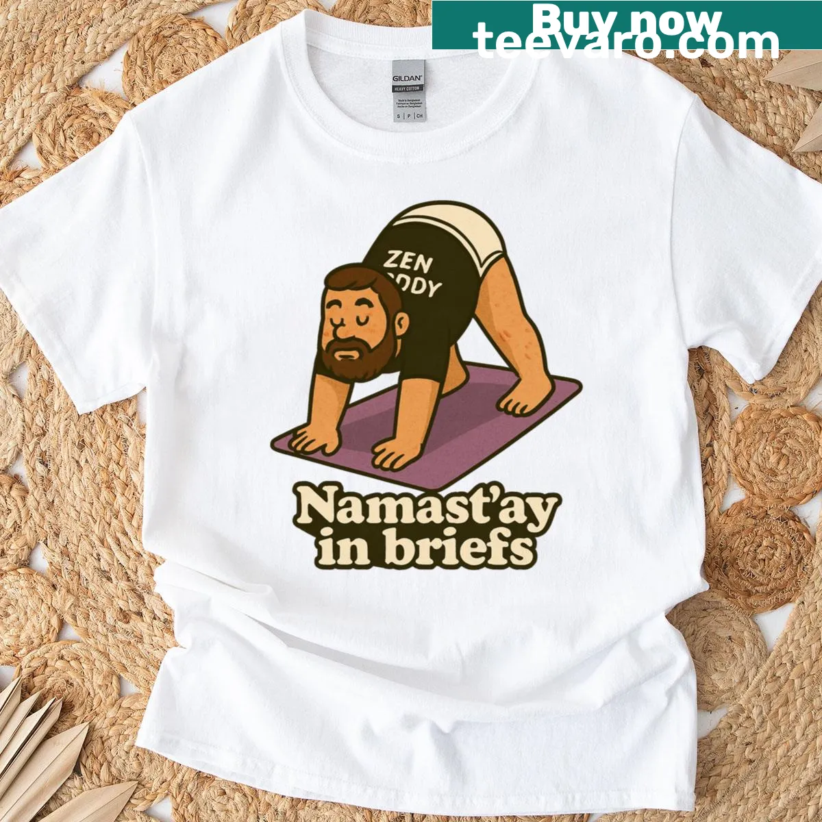 Retro gay bear in briefs with humorous text on t-shirt — on a men's t-shirt