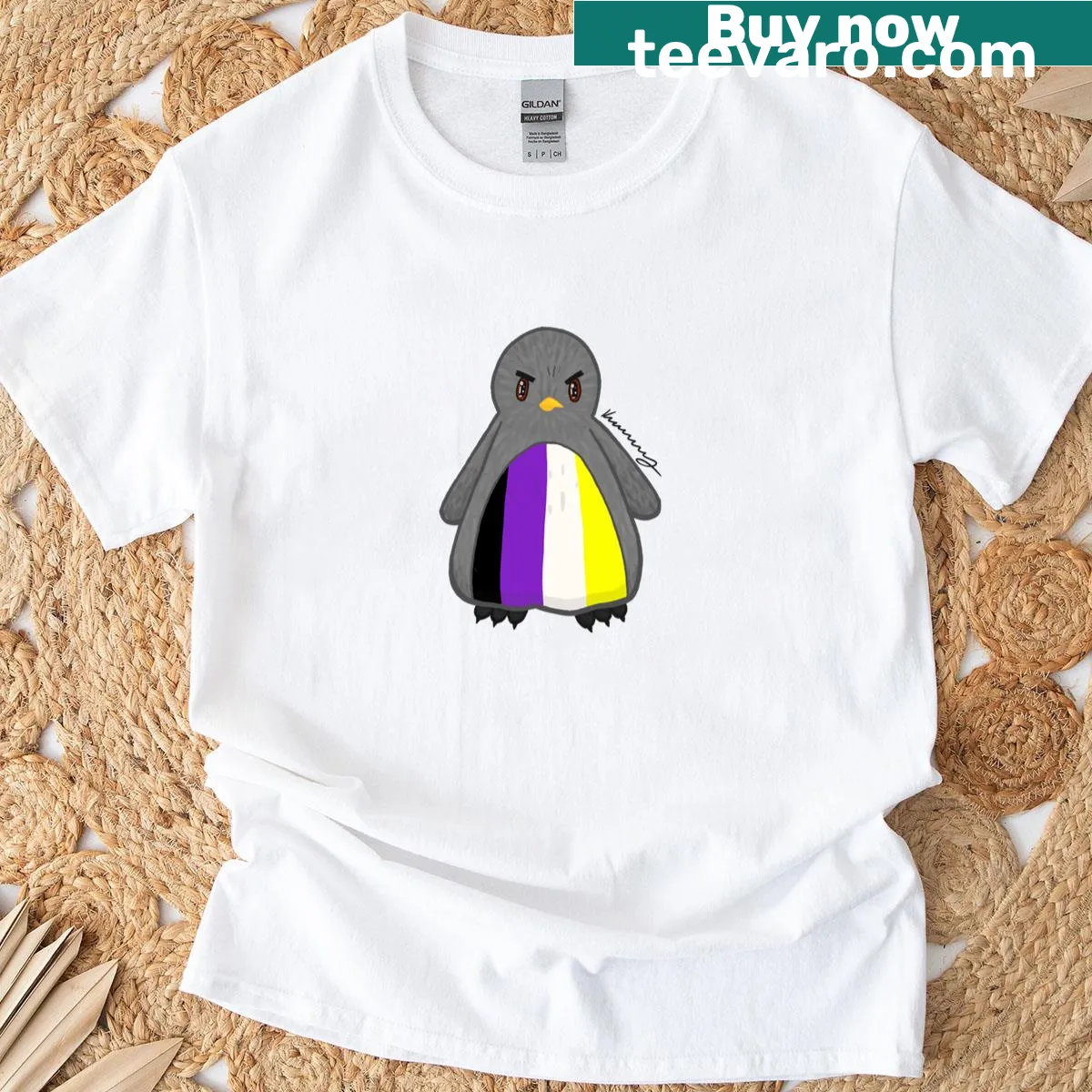 Illustrated penguin design promoting nonbinary pride — on a men's t-shirt