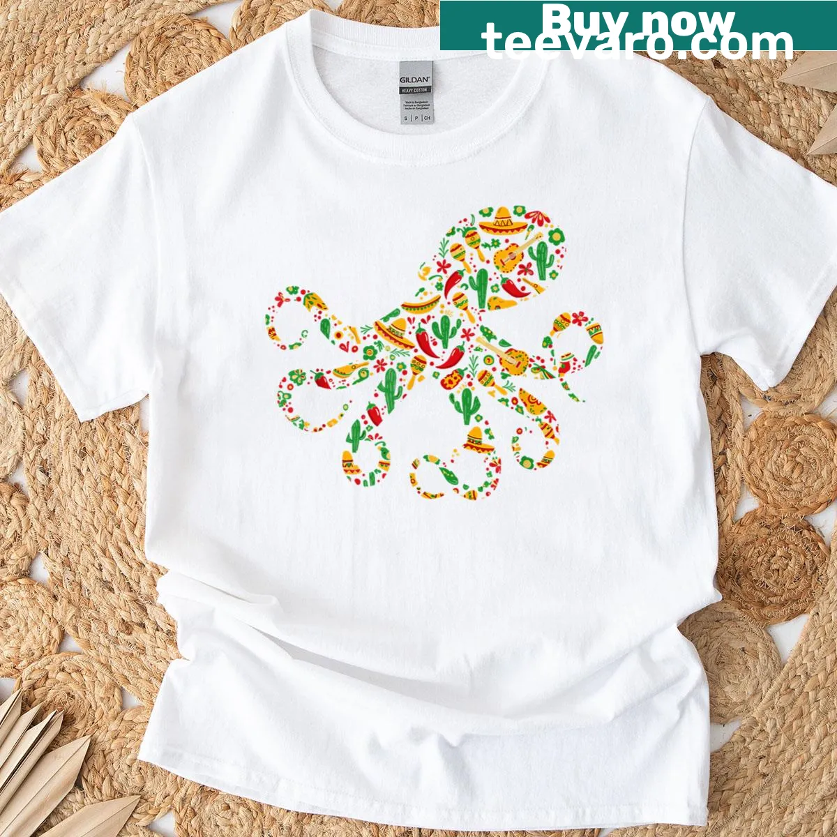 Fun T-shirt featuring octopus with sombrero, maracas, and guitar — on a men's t-shirt