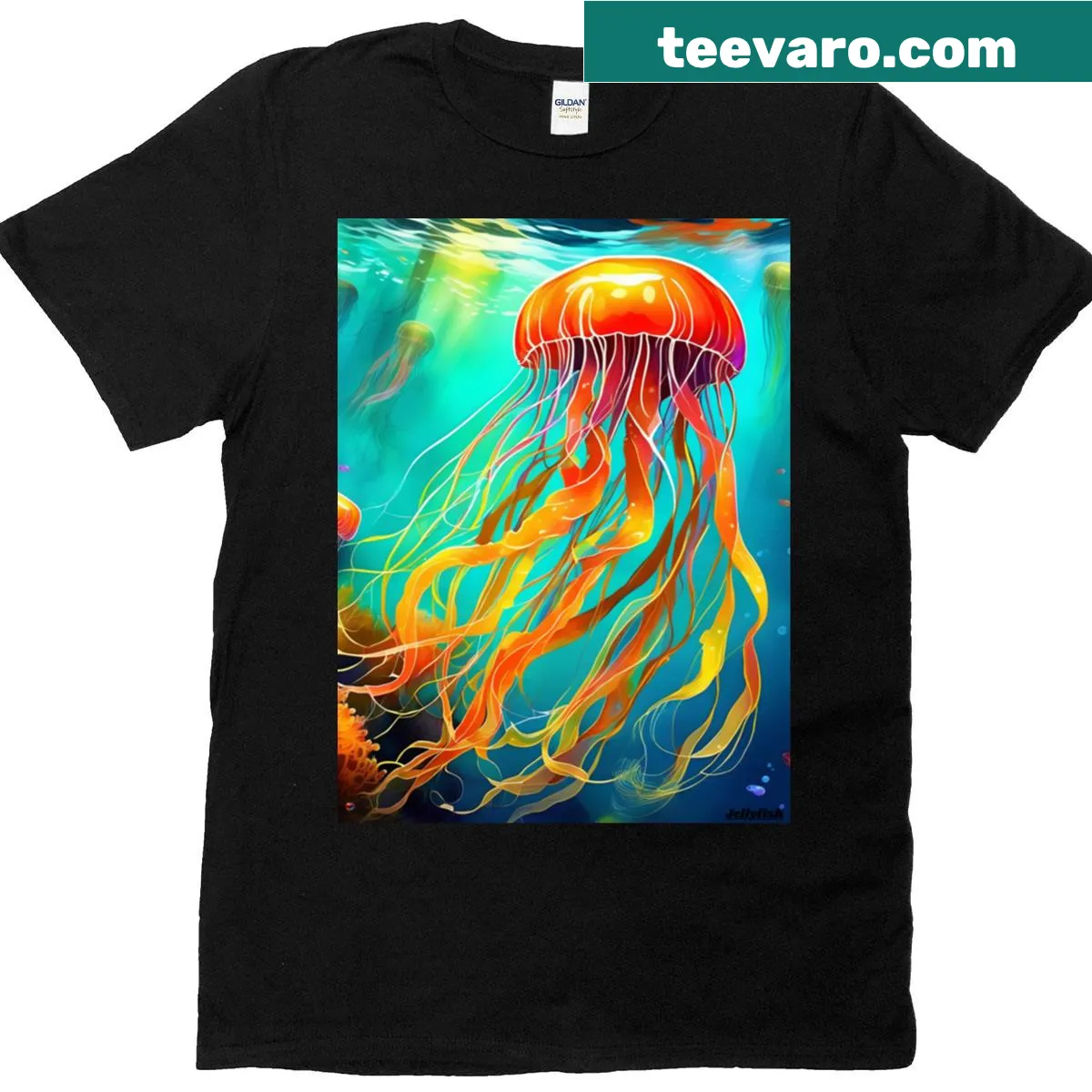 Oversized T-shirt featuring a paintsplash jellyfish illustration — on a men's t-shirt