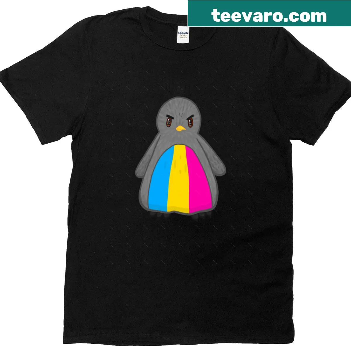 Oversized T-shirt with a cartoon penguin representing Pan Pride — on a men's t-shirt