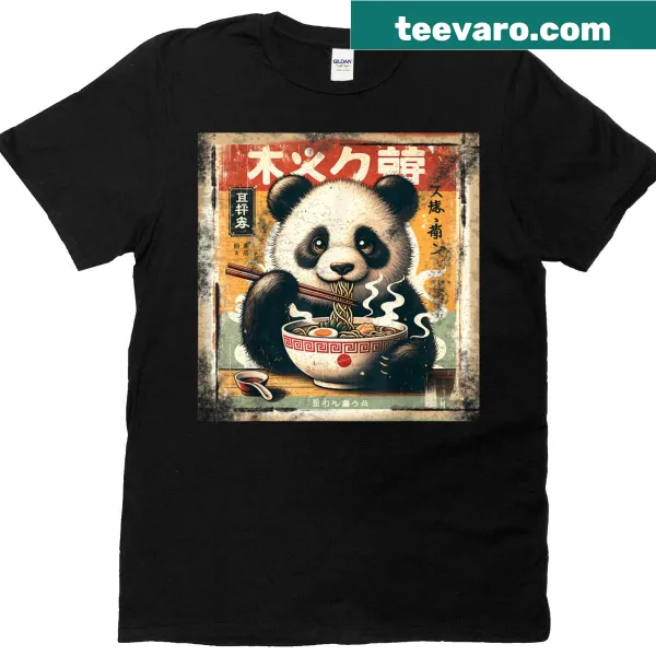Kawaii panda enjoying ramen noodles on a vintage t-shirt