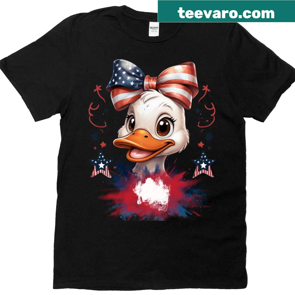 Cartoon duck with American flag bow T-shirt for July 4th — on a men's t-shirt