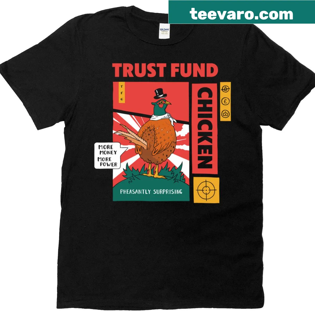 Oversized T-shirt with 'Trust Fund Chicken' and a pheasant graphic — on a men's t-shirt
